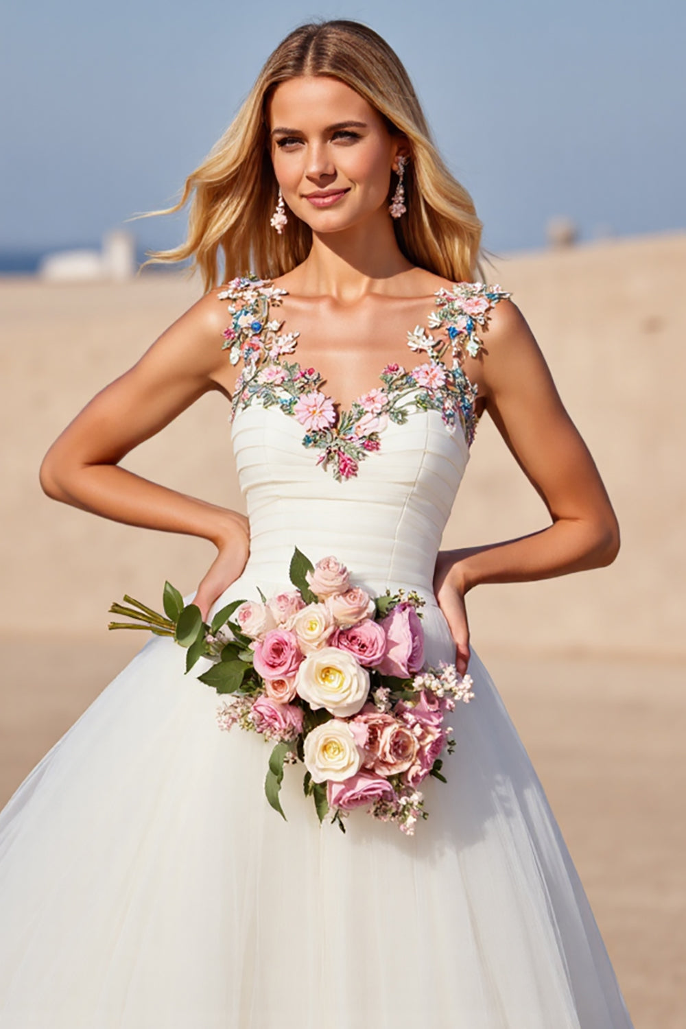 White Tulle A Line Boho Sweep Train Wedding Dress with Appliques