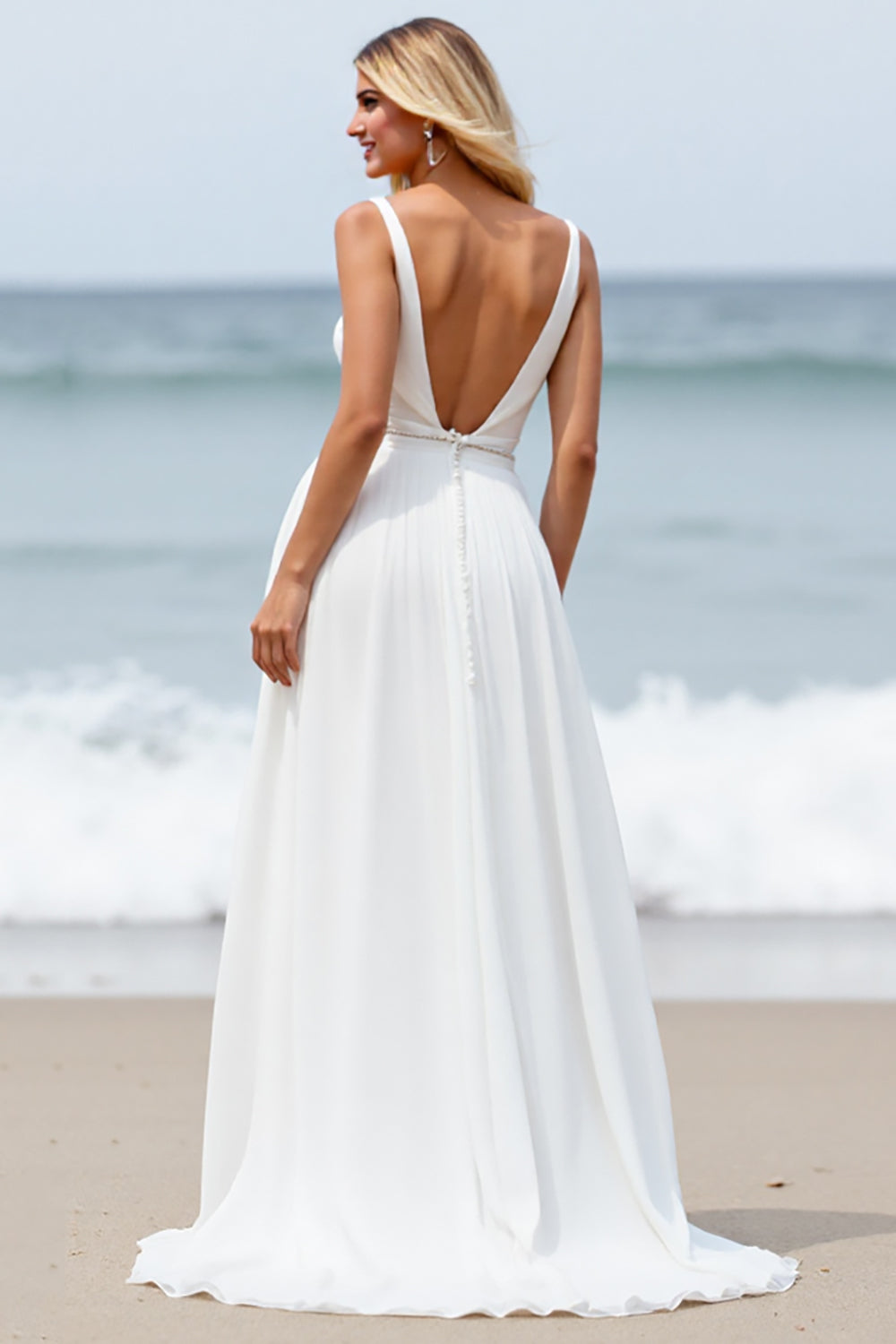 White Chiffon A Line V-Neck Boho Sweep Train Wedding Dress with Slit