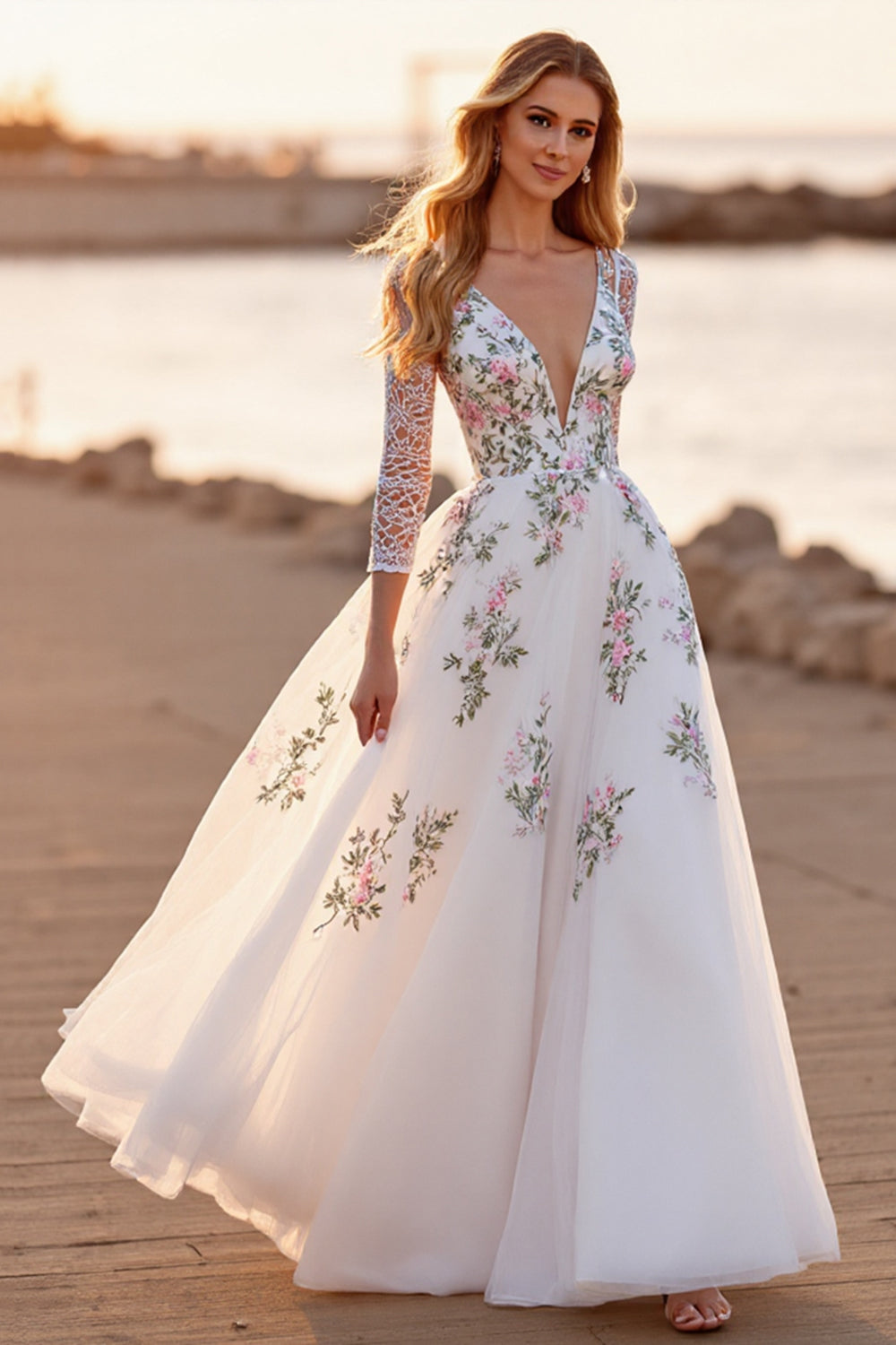 White Tulle Floral A Line Boho Floor Length Wedding Dress