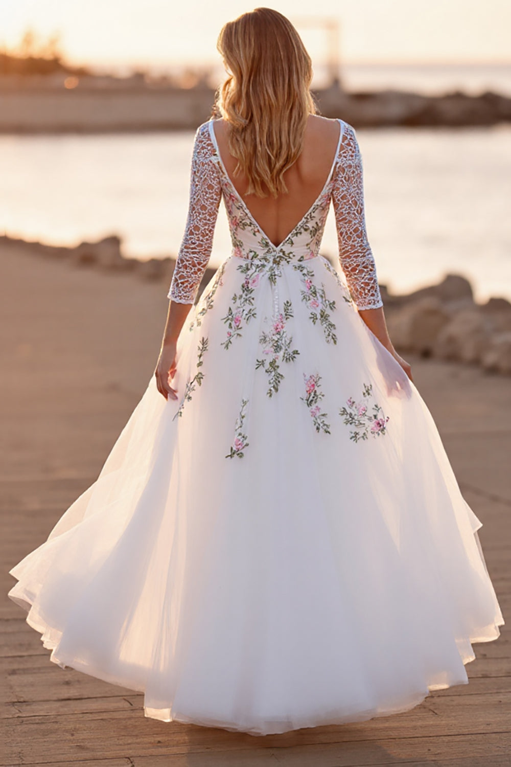 White Tulle Floral A Line Boho Floor Length Wedding Dress