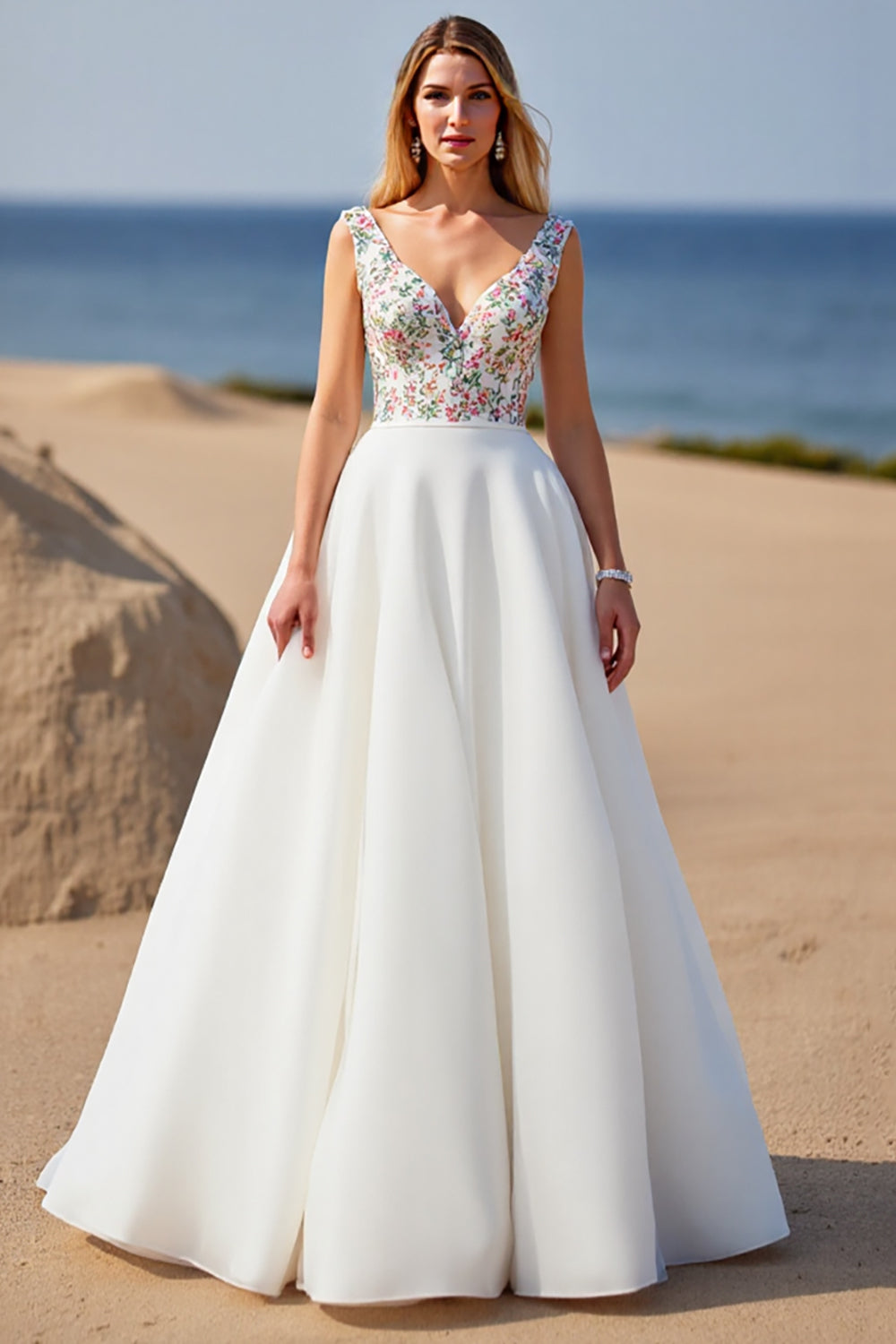 White V-Neck A Line Boho Sweep Train Wedding Dress with Appliques