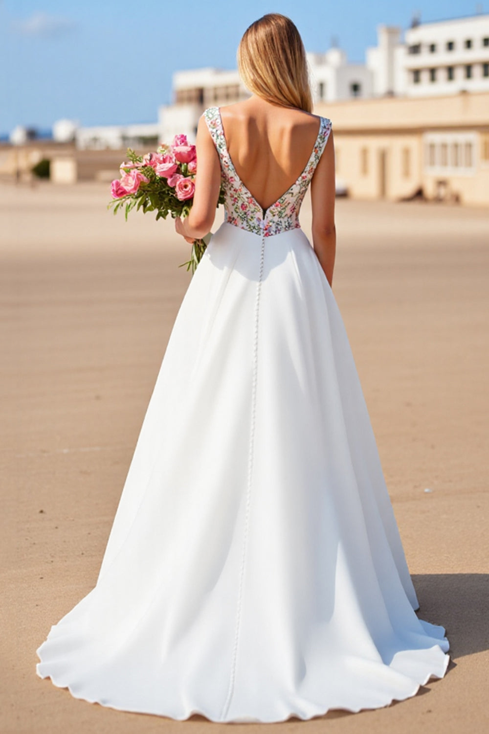 White V-Neck A Line Boho Sweep Train Wedding Dress with Appliques