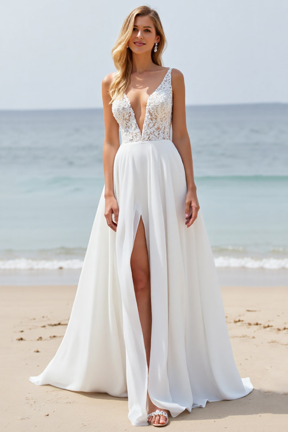 White Chiffon A Line Boho Sweep Train Wedding Dress with Lace
