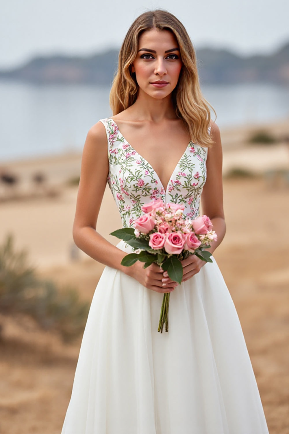 White Chiffon A Line Boho Wedding Dress with Embroidery