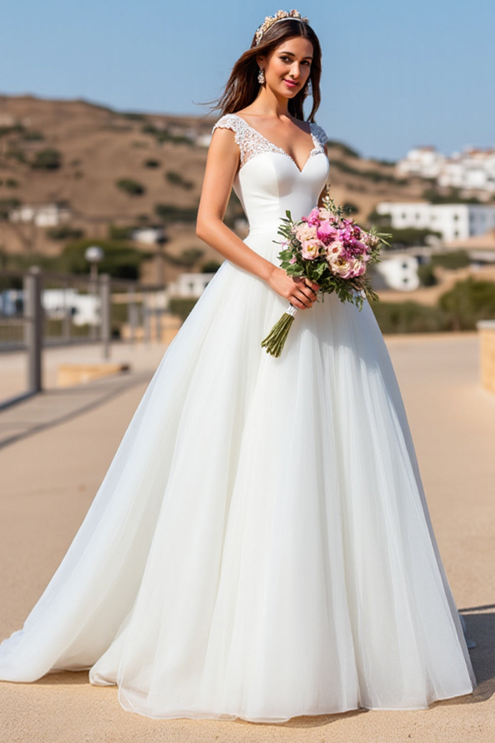 White A Line Tulle Sweep Train Wedding Dress with Lace