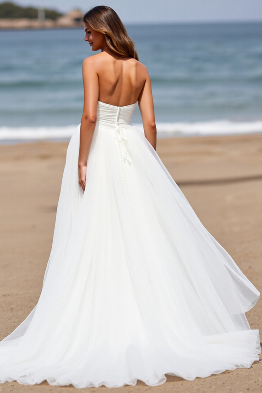 White Strapless A Line Tulle Boho Sweep Train Wedding Dress