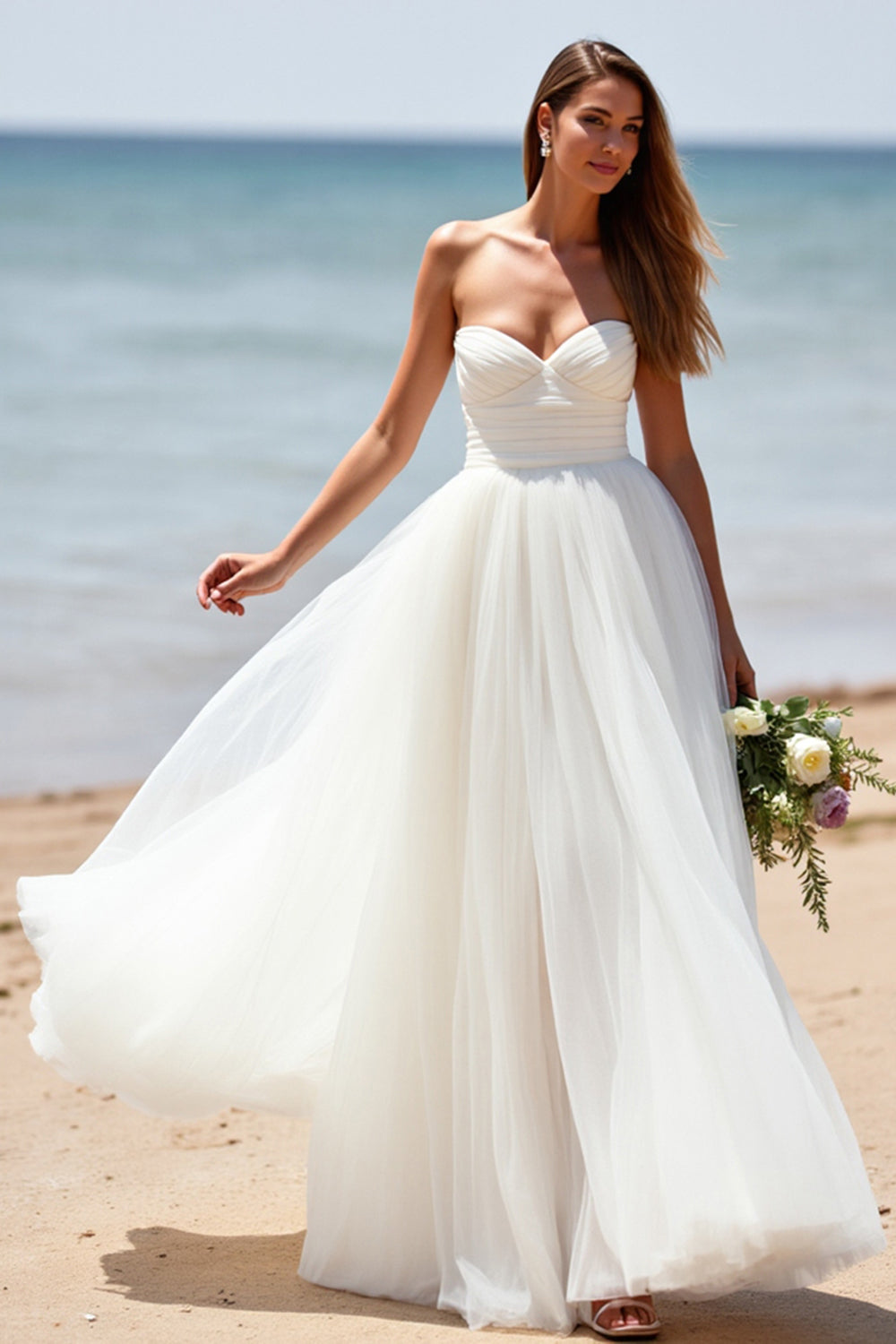White Strapless A Line Tulle Boho Sweep Train Wedding Dress