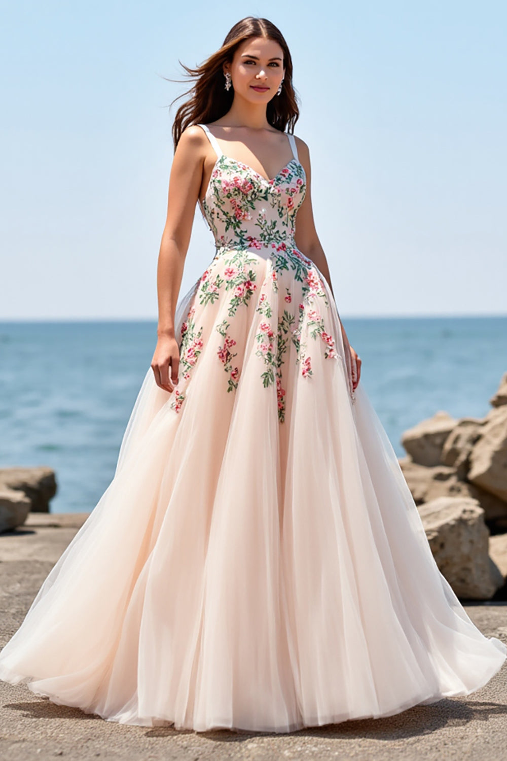 Blush Tulle A Line Boho Floor Length Embroidered Wedding Dress