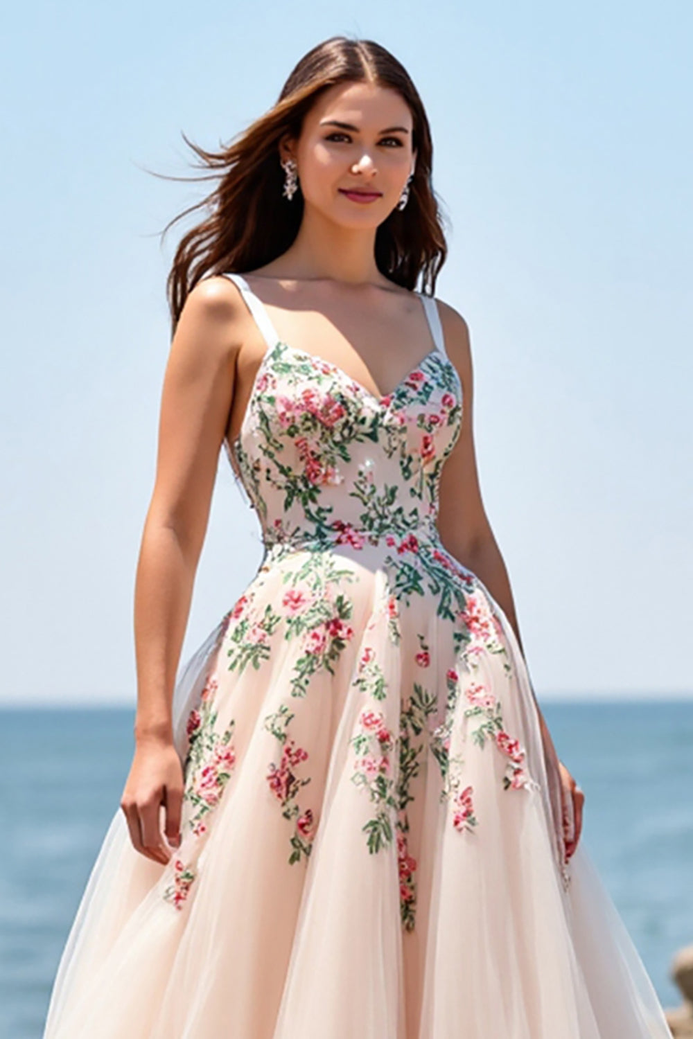 Blush Tulle A Line Boho Floor Length Embroidered Wedding Dress