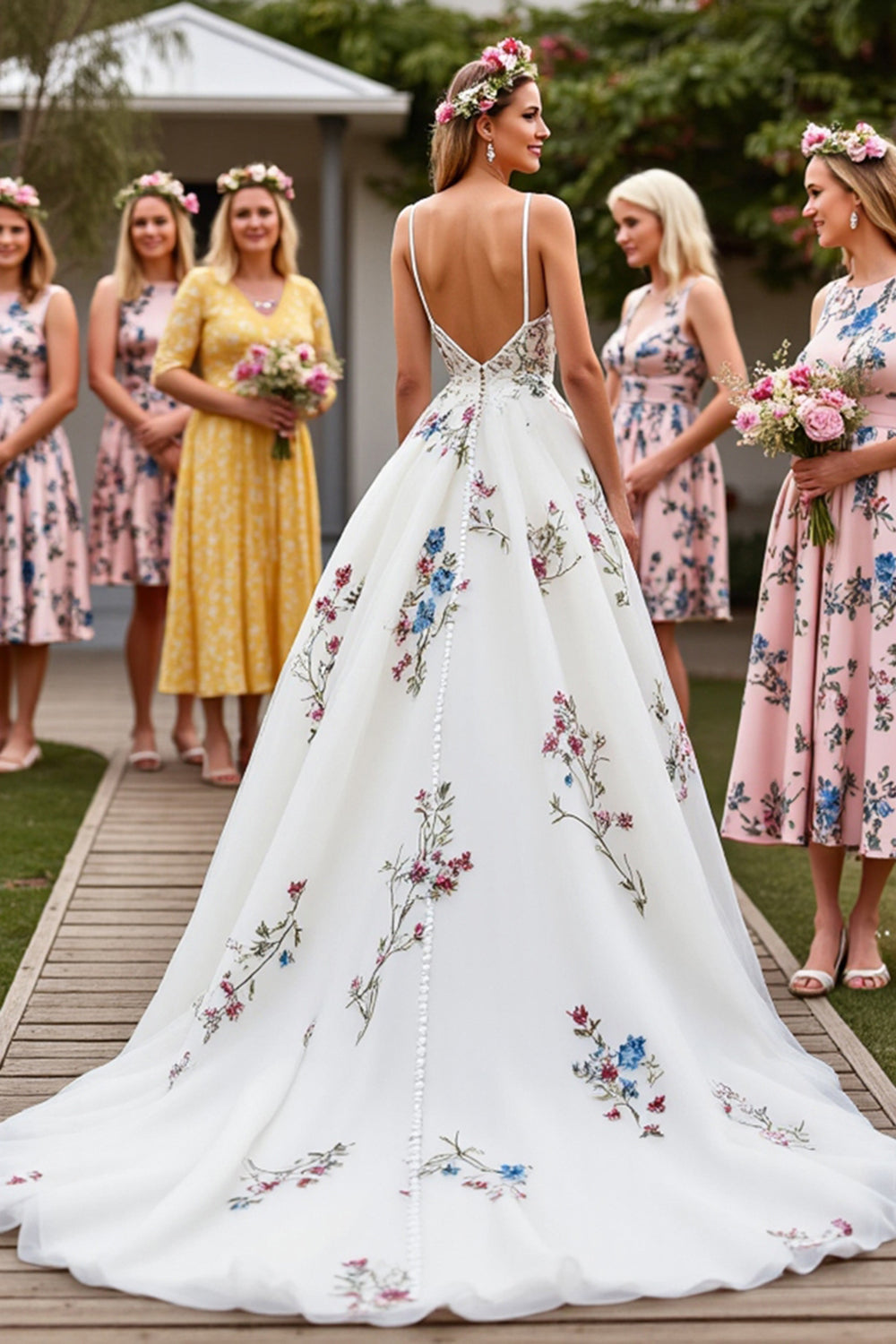 White Tulle A Line Backless Floor Length Wedding Dress with Embroidery