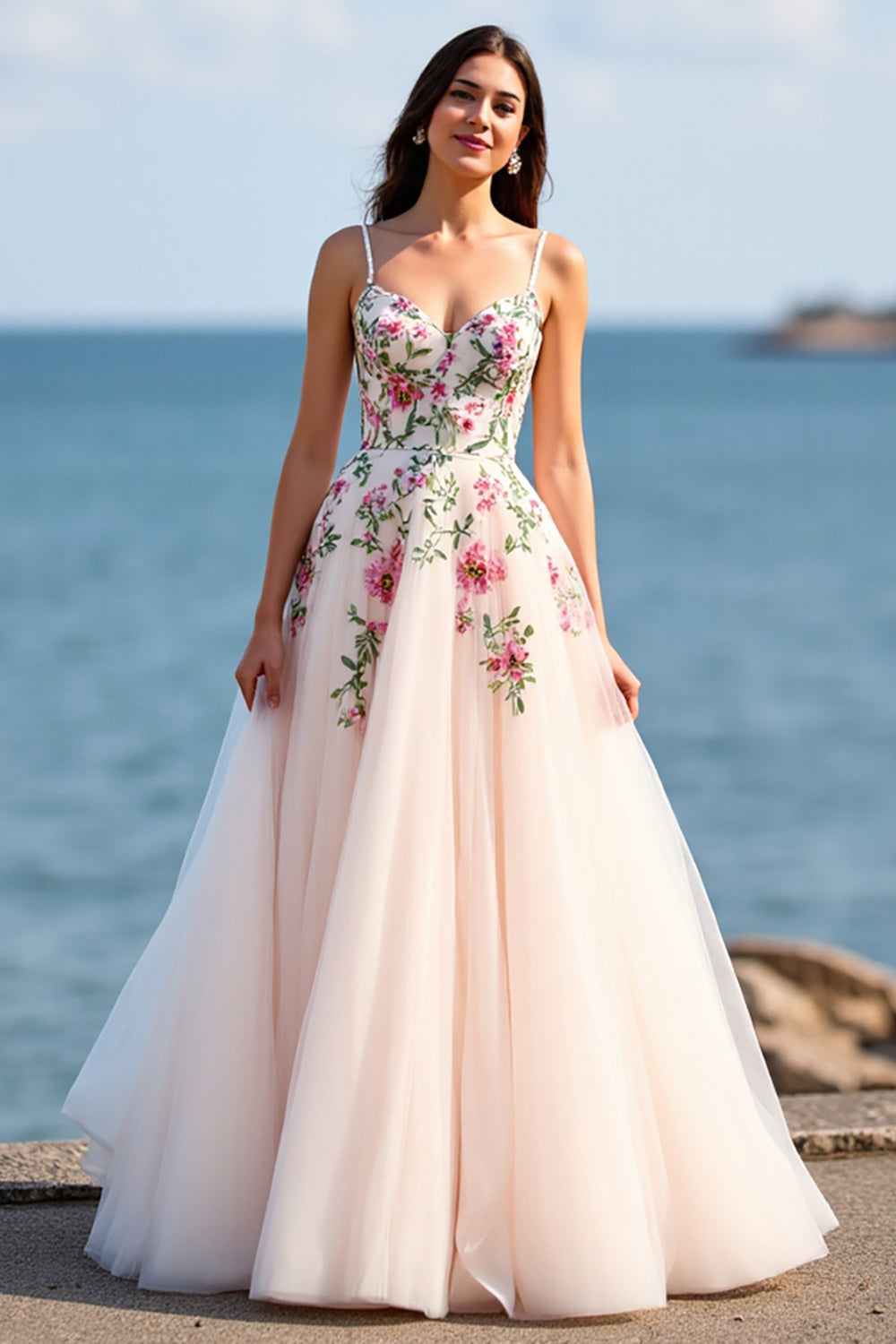 Blush Tulle A Line Boho Embroidered Sweep Train Wedding Dress