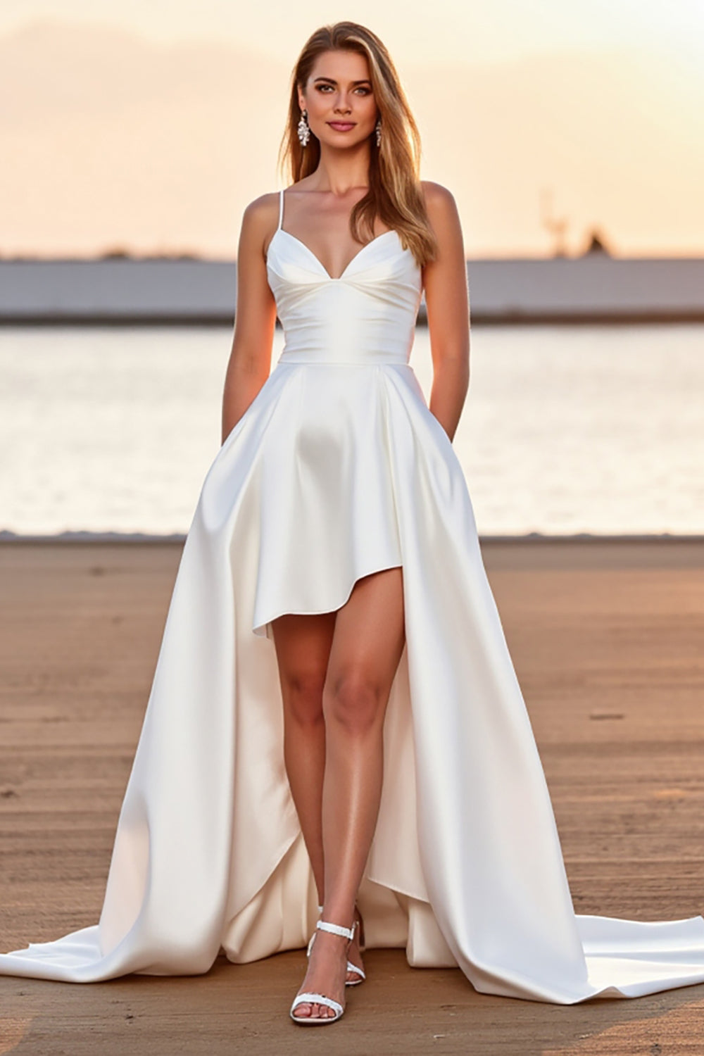 White Satin A Line Boho High-Low Wedding Dress