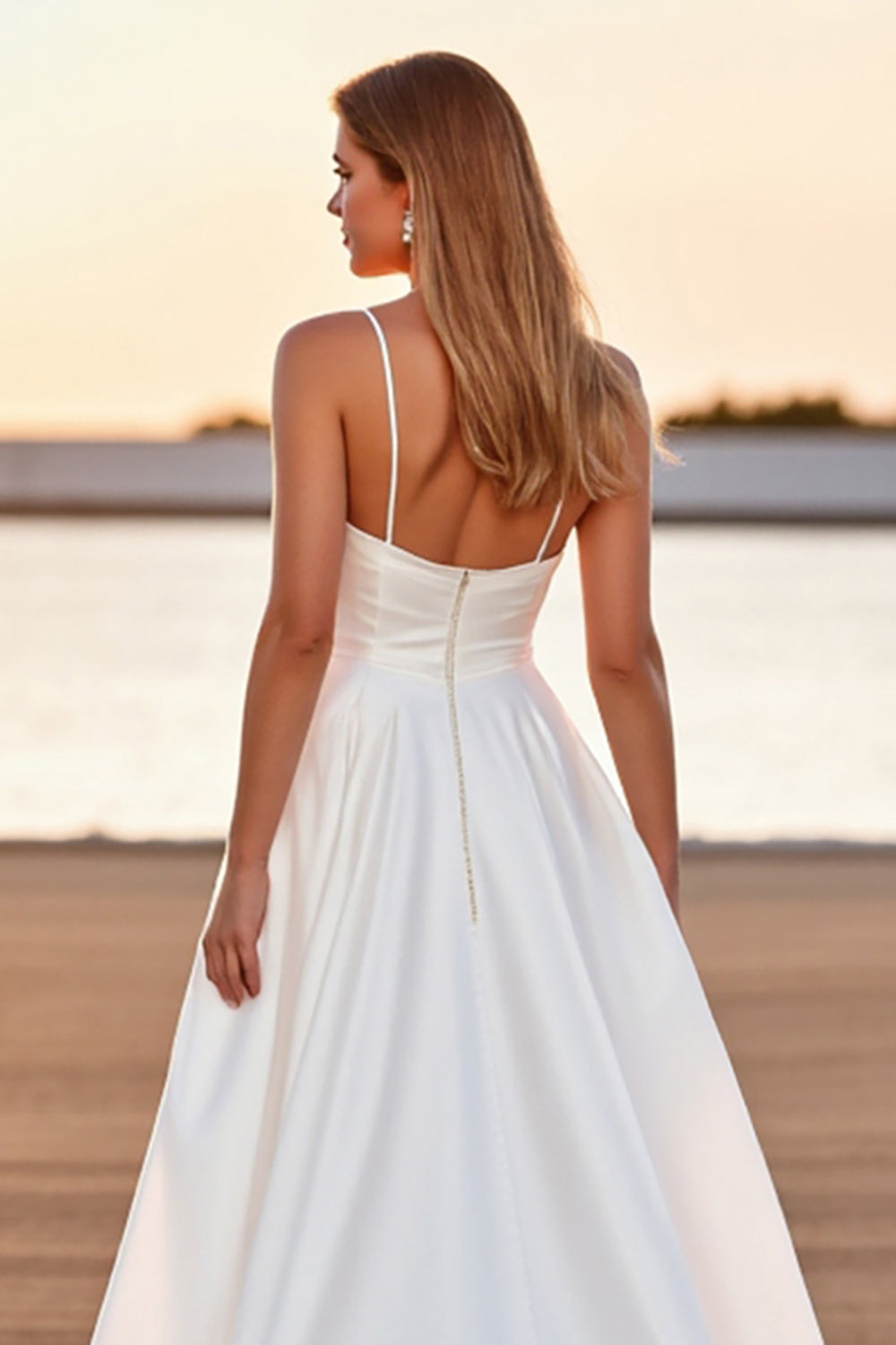 White Satin A Line Boho High-Low Wedding Dress