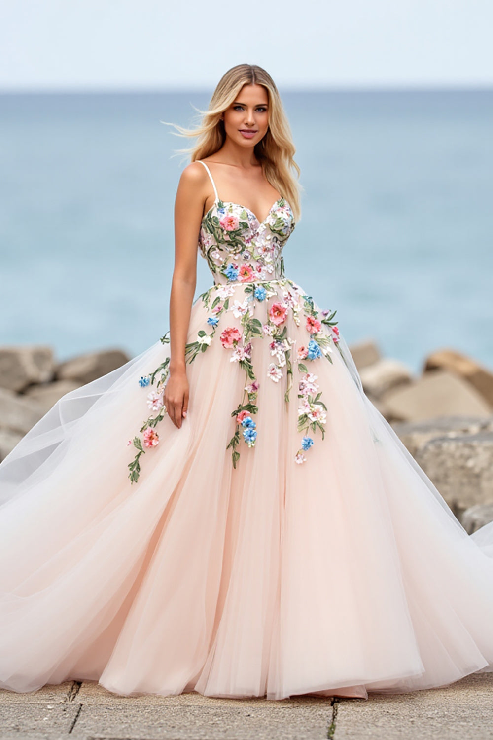 Blush Ball Gown Tulle Boho Sweep Train Wedding Dress with Appliques