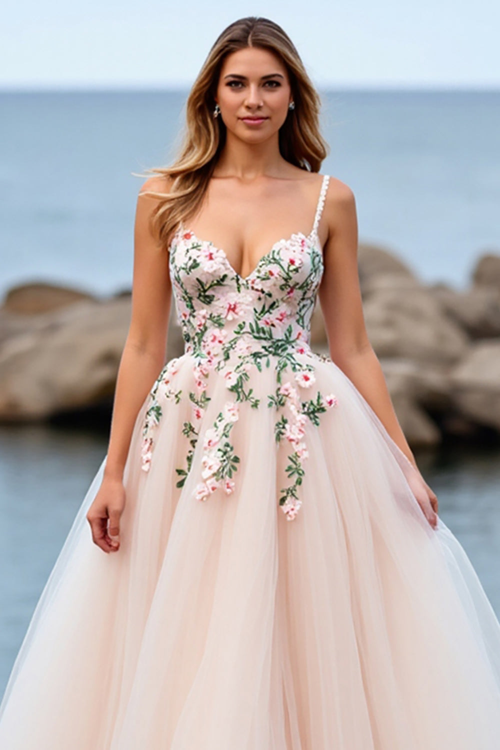 Blush A Line Tulle Boho Sweep Train Wedding Dress with Appliques
