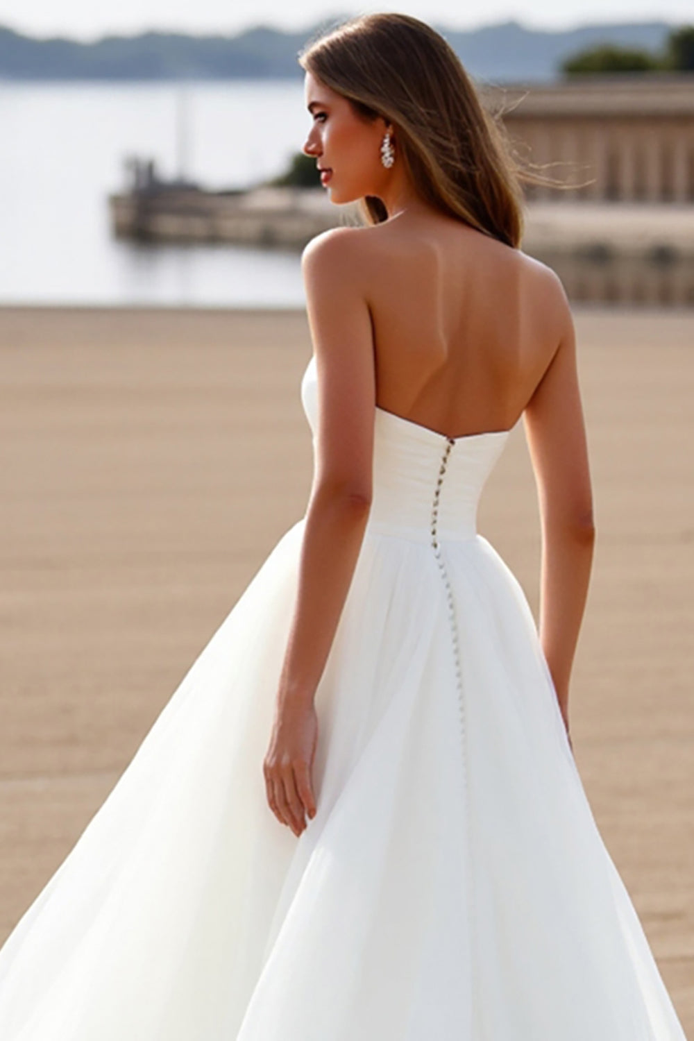 Strapless White Chiffon A Line Sweep Train Wedding Dress
