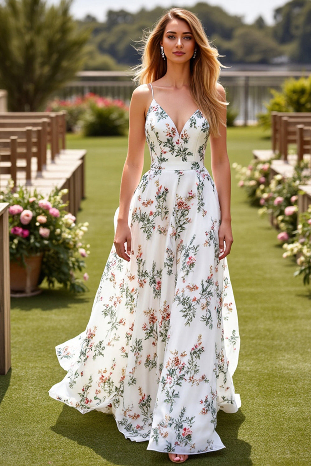 White V-Neck A Line Wedding Dress with Flowers
