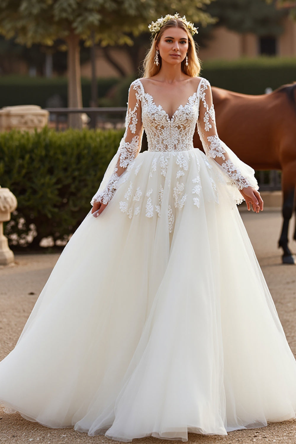 V Neck White Tulle Ball Gown Boho Sweep Train Wedding Dress with Lace