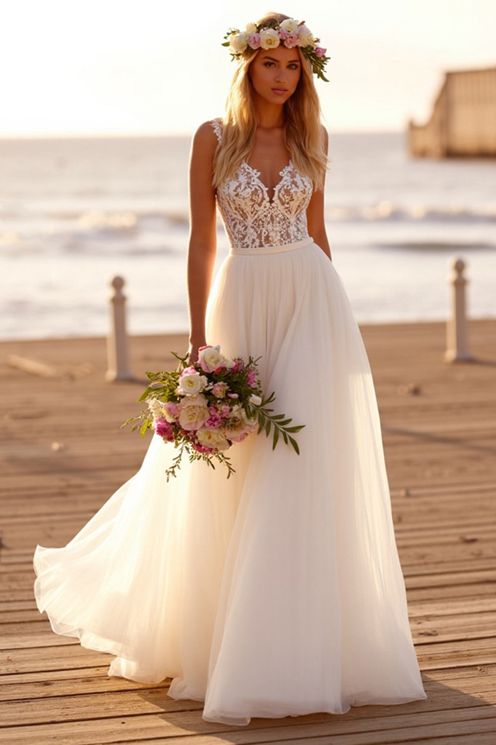 Boho White Tulle A Line Sweep Train Wedding Dress with Lace