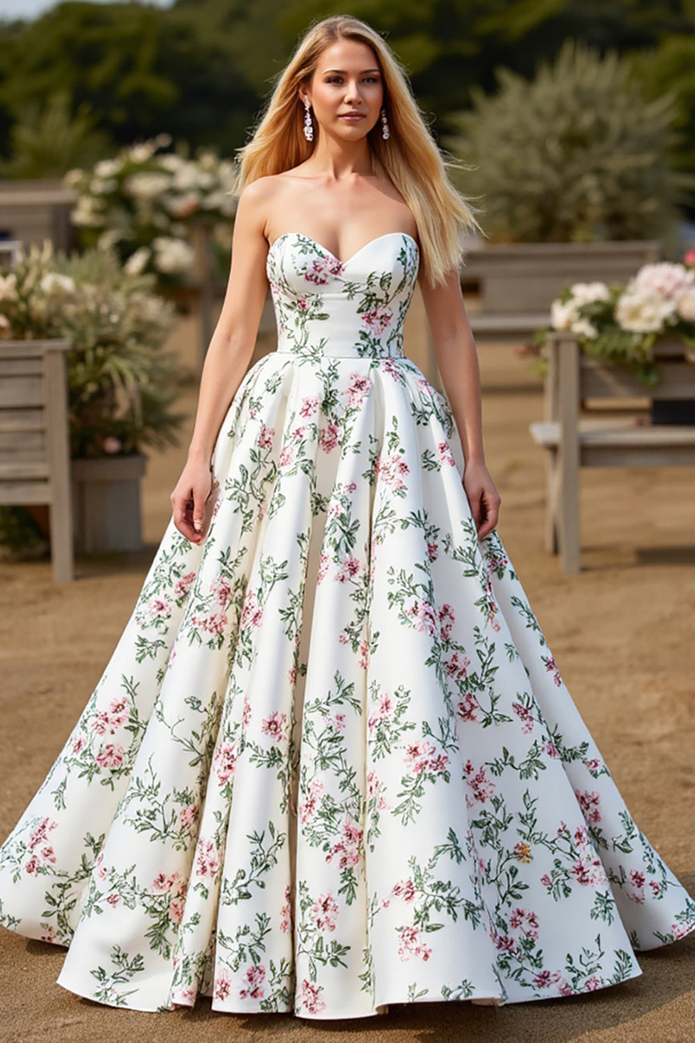 White Sweetheart A Line Sweep Train Wedding Dress with Flowers