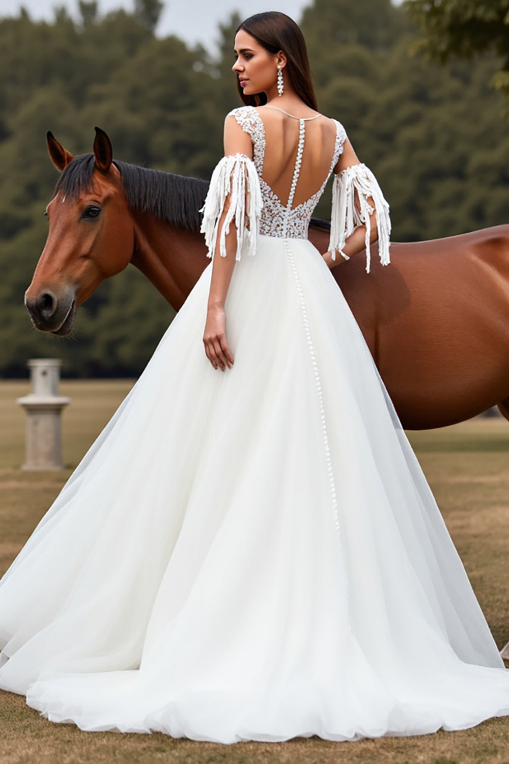 White Tulle A Line  Boho Long Wedding Dress with Lace