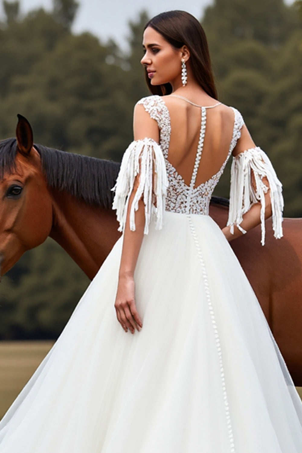 White Tulle A Line  Boho Long Wedding Dress with Lace