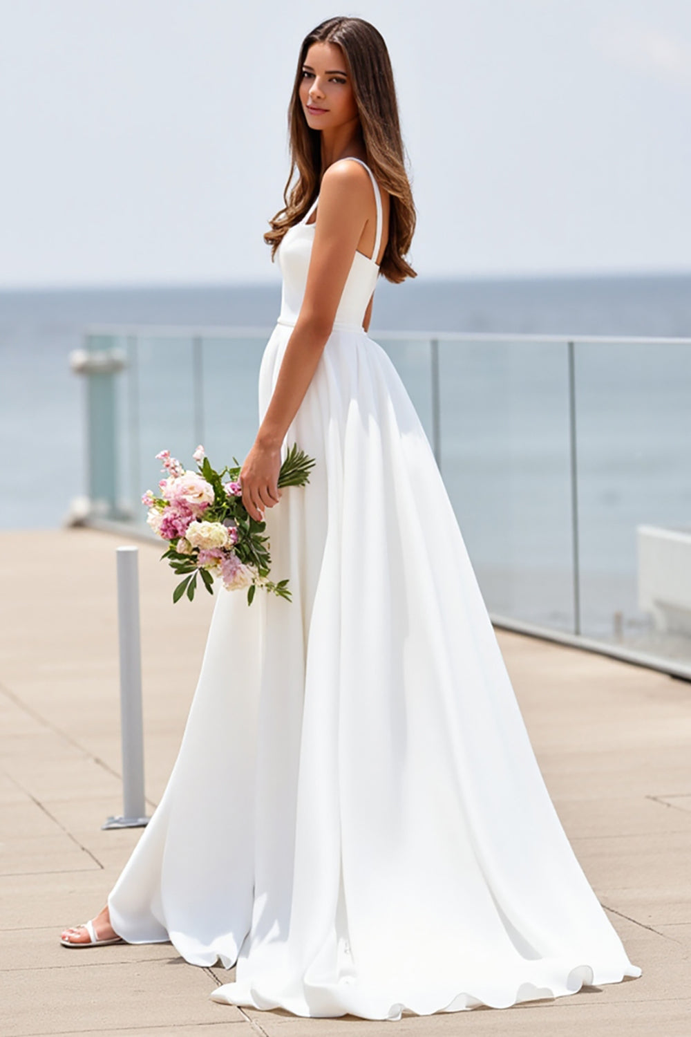 White Square Neck A Line Boho Sweep Train Wedding Dress