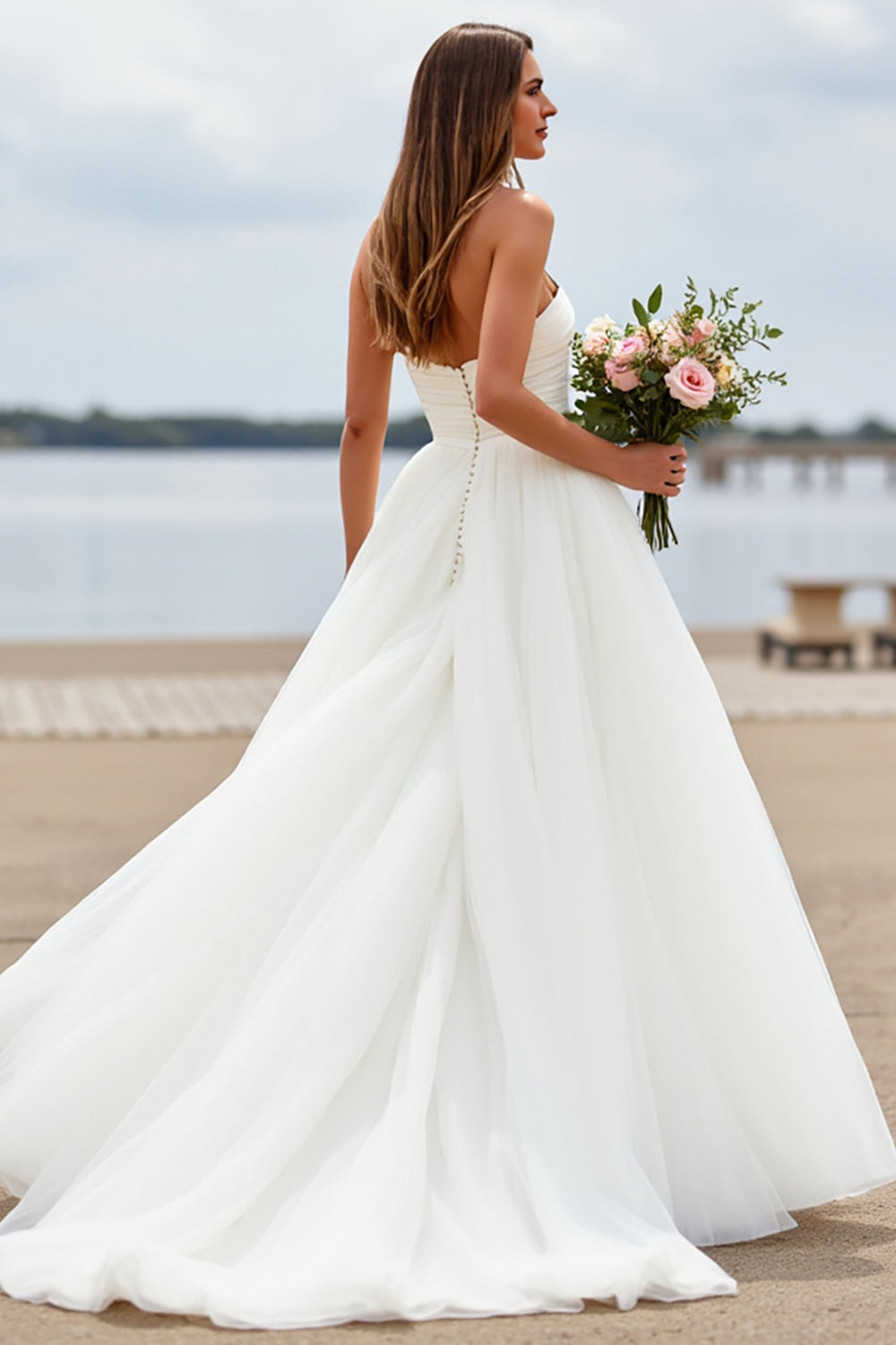 White Sweetheart Tulle A Line Boho Sweep Train Wedding Dress