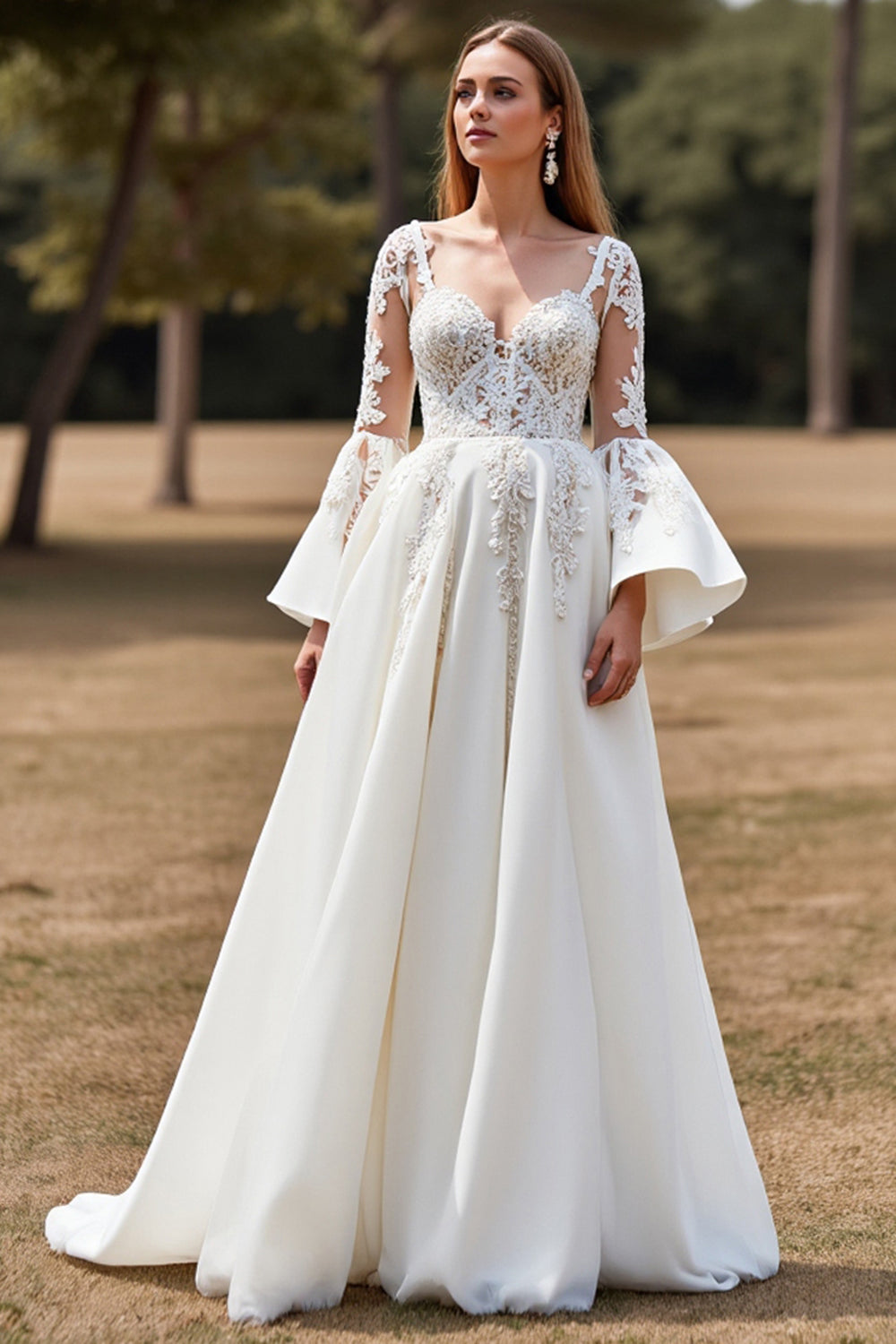 White A Line Flare Sleeves Boho Sweep Train Wedding Dress with Appliques