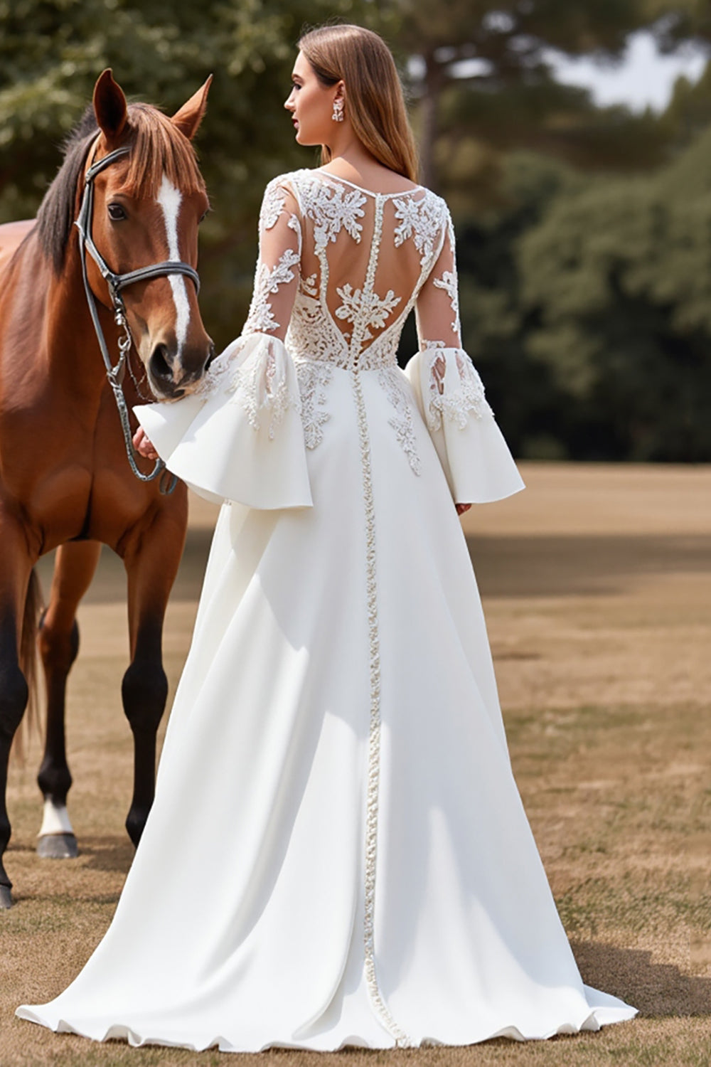 White A Line Flare Sleeves Boho Sweep Train Wedding Dress with Appliques
