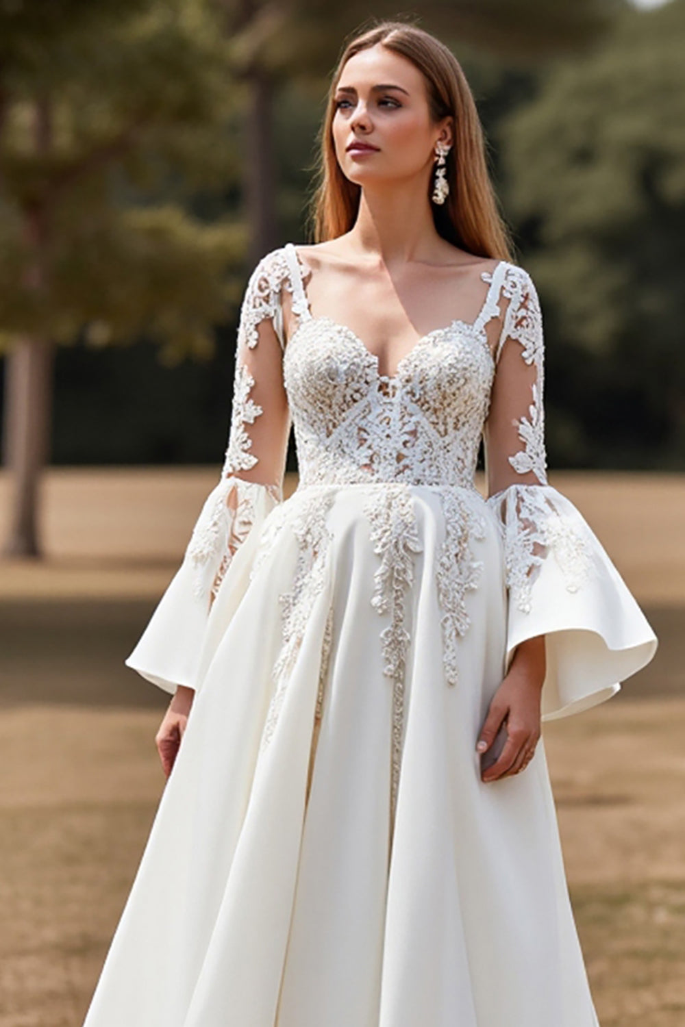 White A Line Flare Sleeves Boho Sweep Train Wedding Dress with Appliques