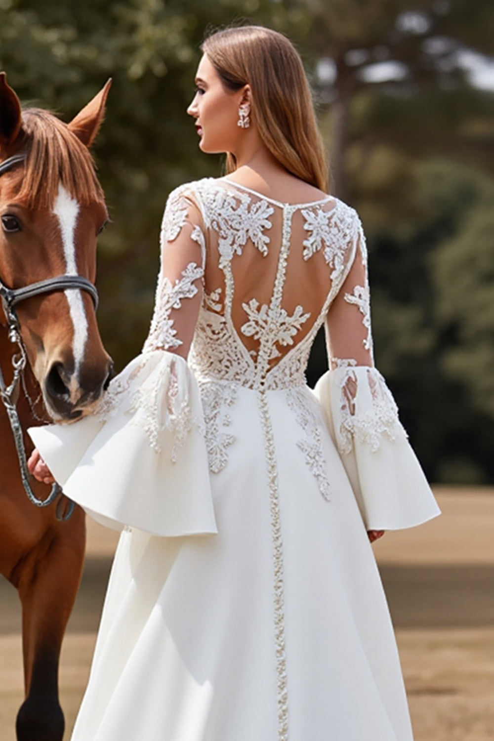 White A Line Flare Sleeves Boho Sweep Train Wedding Dress with Appliques