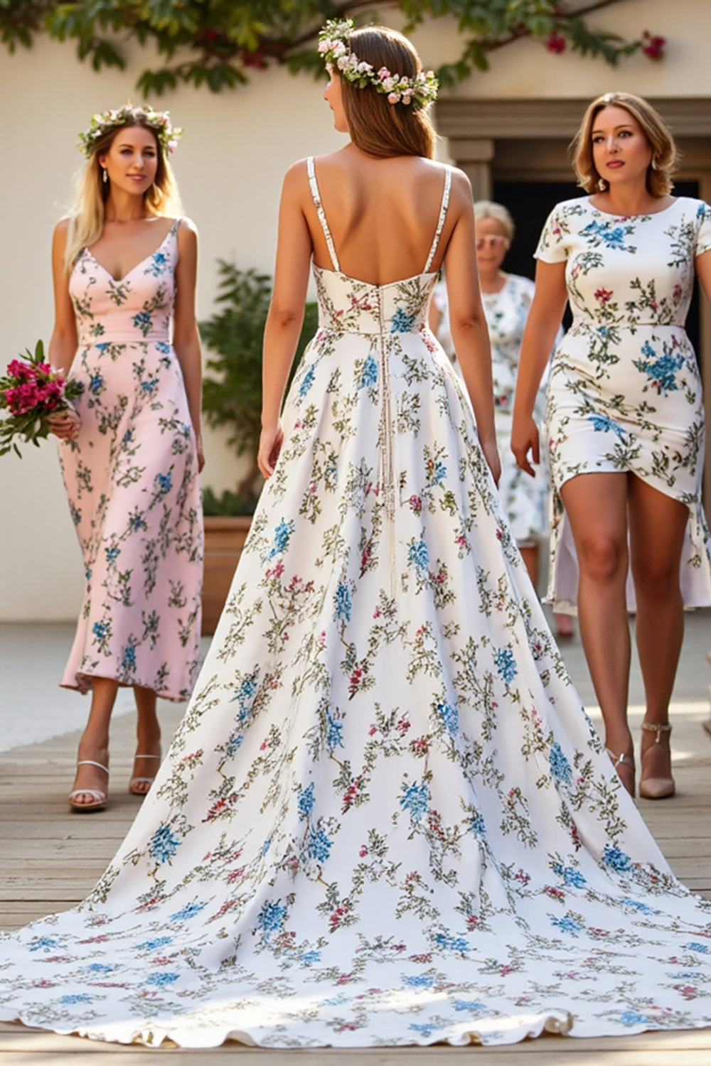White V-Neck A Line Sweep Train Wedding Dress with Flowers