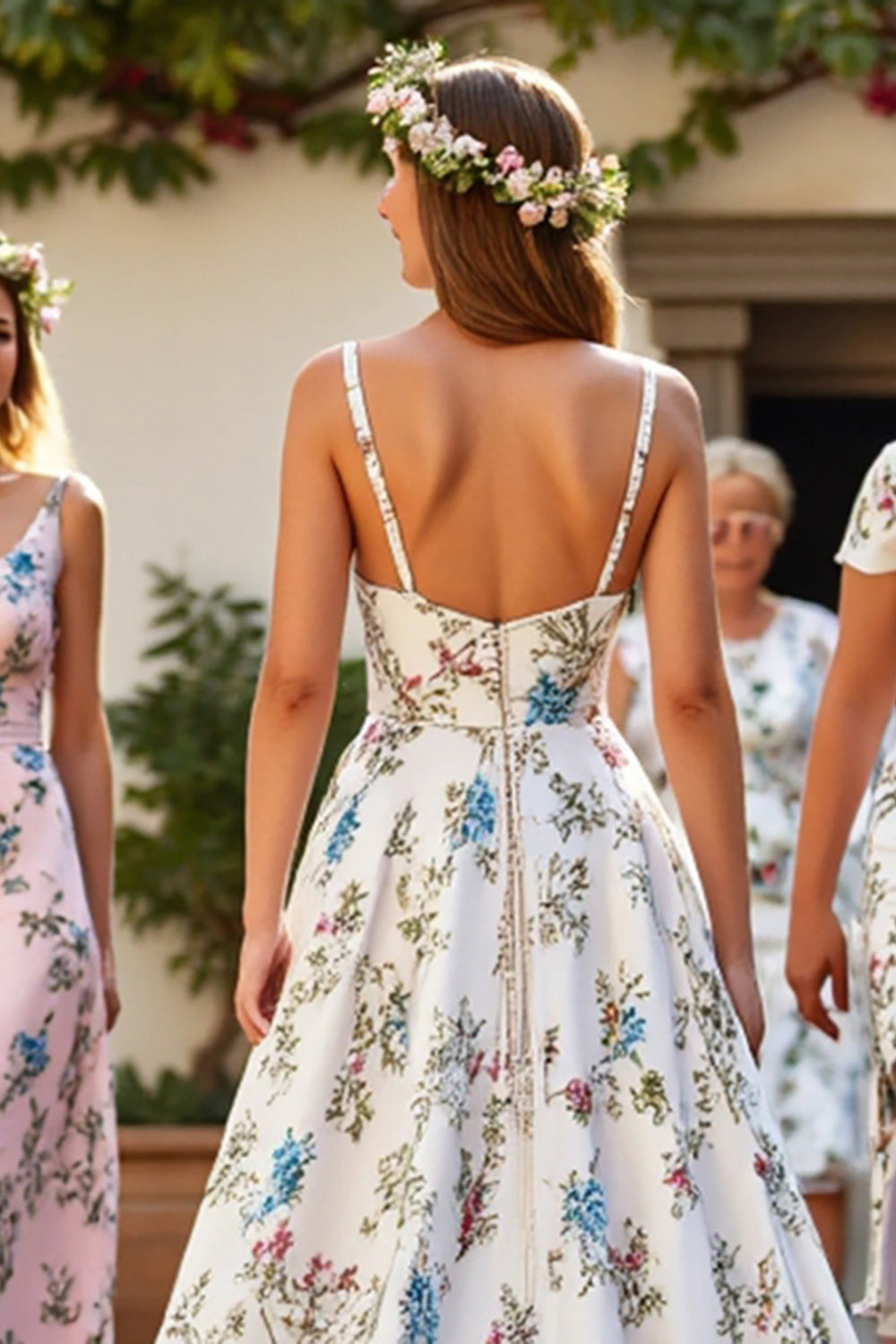 White V-Neck A Line Sweep Train Wedding Dress with Flowers