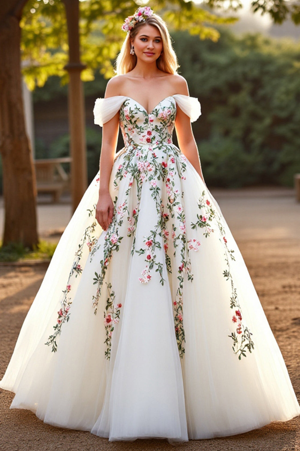 White Tulle Off the Shoulder Sweep Train Floral Wedding Dress