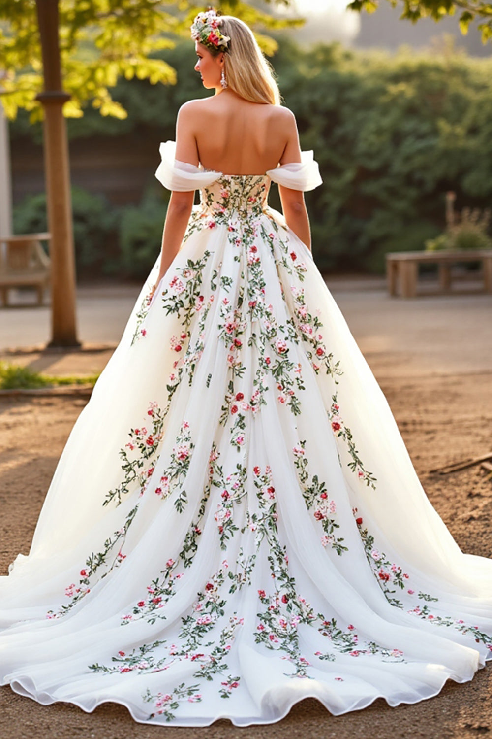 White Tulle Off the Shoulder Sweep Train Floral Wedding Dress