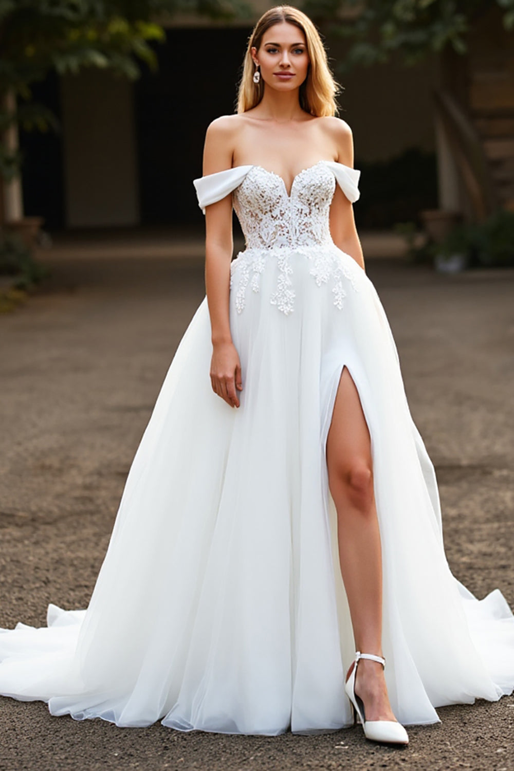 White A Line Tulle Boho Sweep Train Wedding Dress with Slit