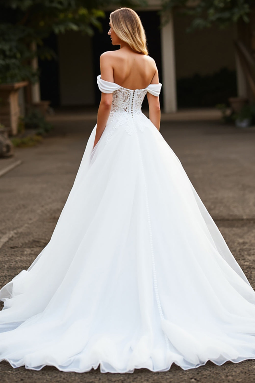 White A Line Tulle Boho Sweep Train Wedding Dress with Slit