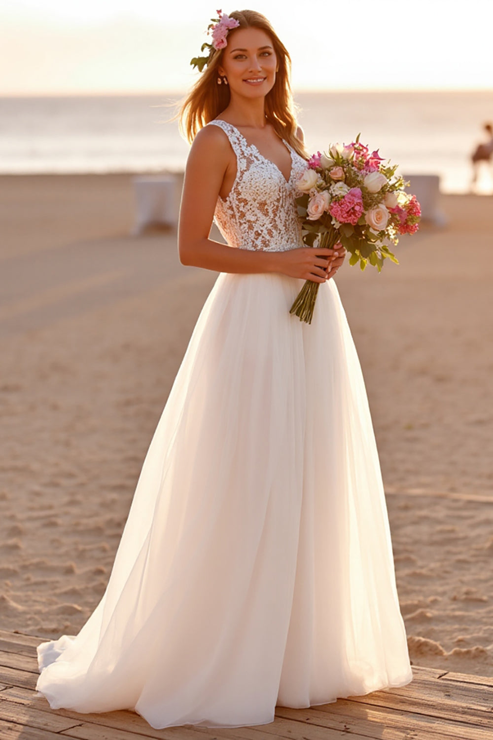 White V-Neck Sleeveless A Line Boho Sweep Train Wedding Dress with Lace