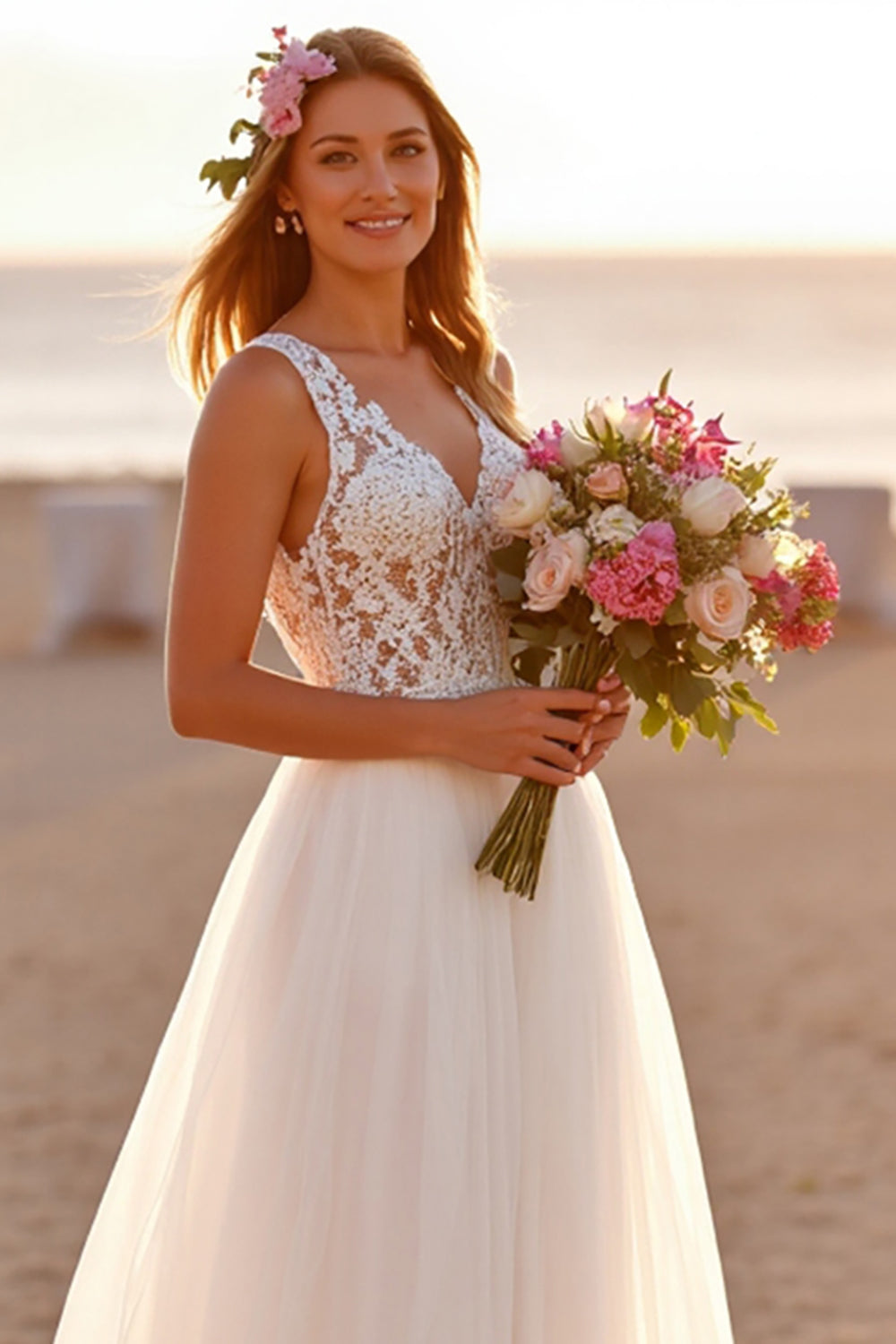 White V-Neck Sleeveless A Line Boho Sweep Train Wedding Dress with Lace