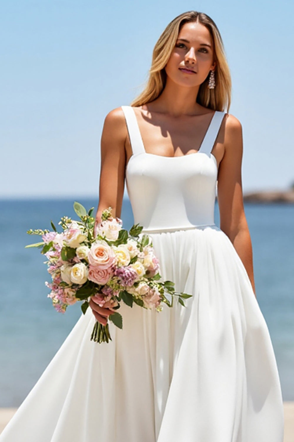 White A Line Square Neck Sleeveless Boho Sweep Train Wedding Dress