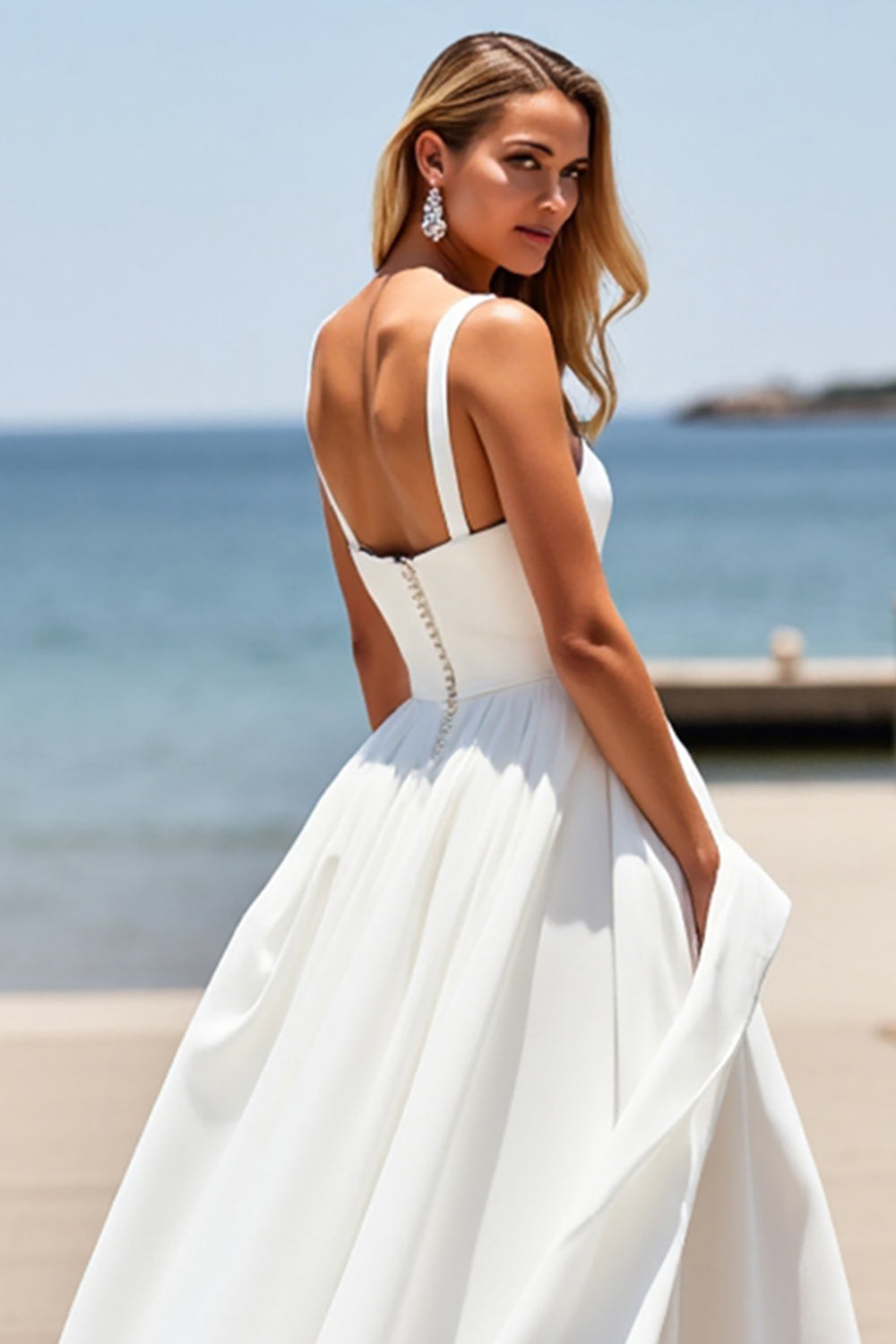 White A Line Square Neck Sleeveless Boho Sweep Train Wedding Dress