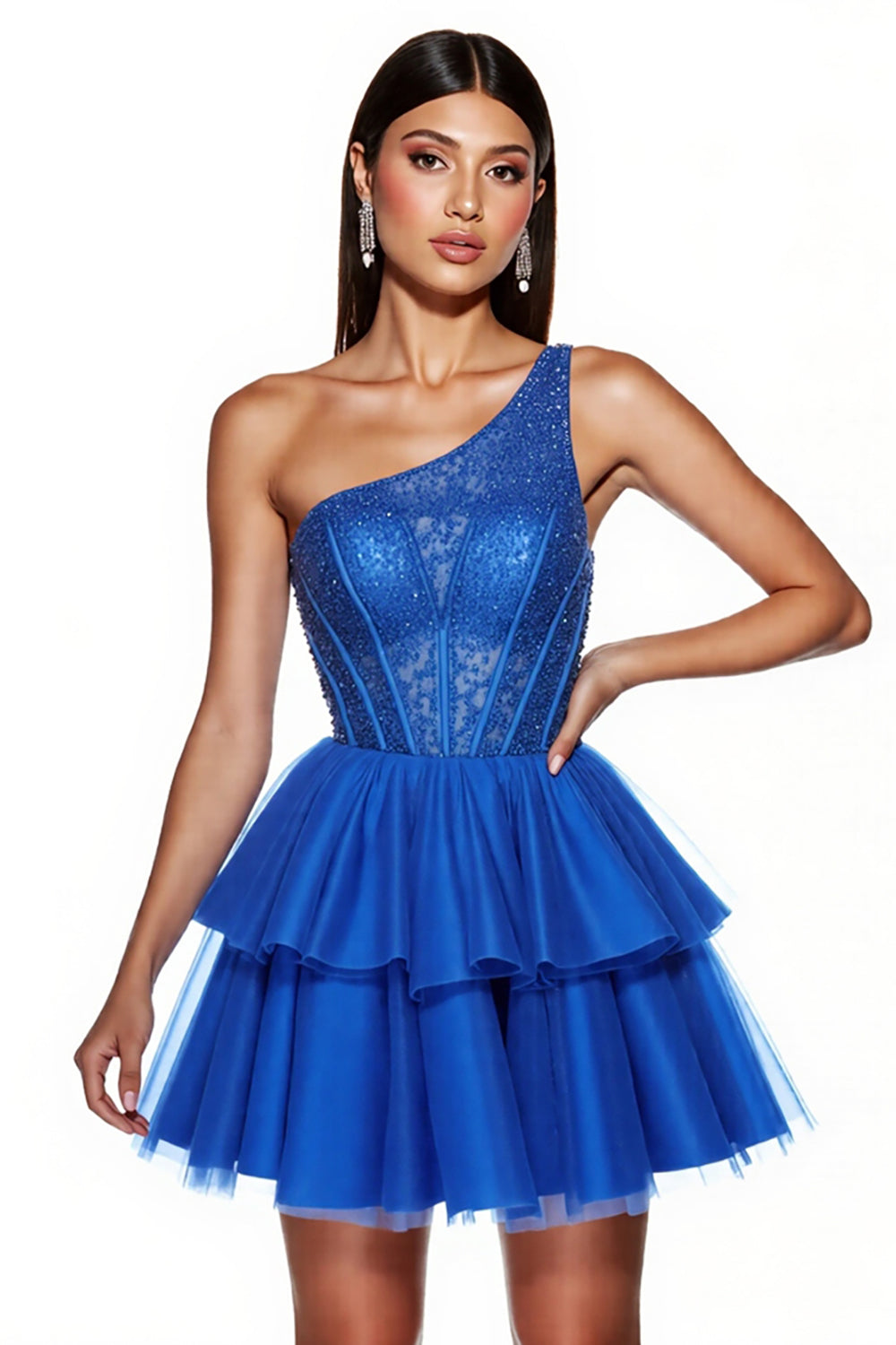 Sparkly Royal Blue Beaded A Line Corset Tulle One shoulder Short Homecoming Dress