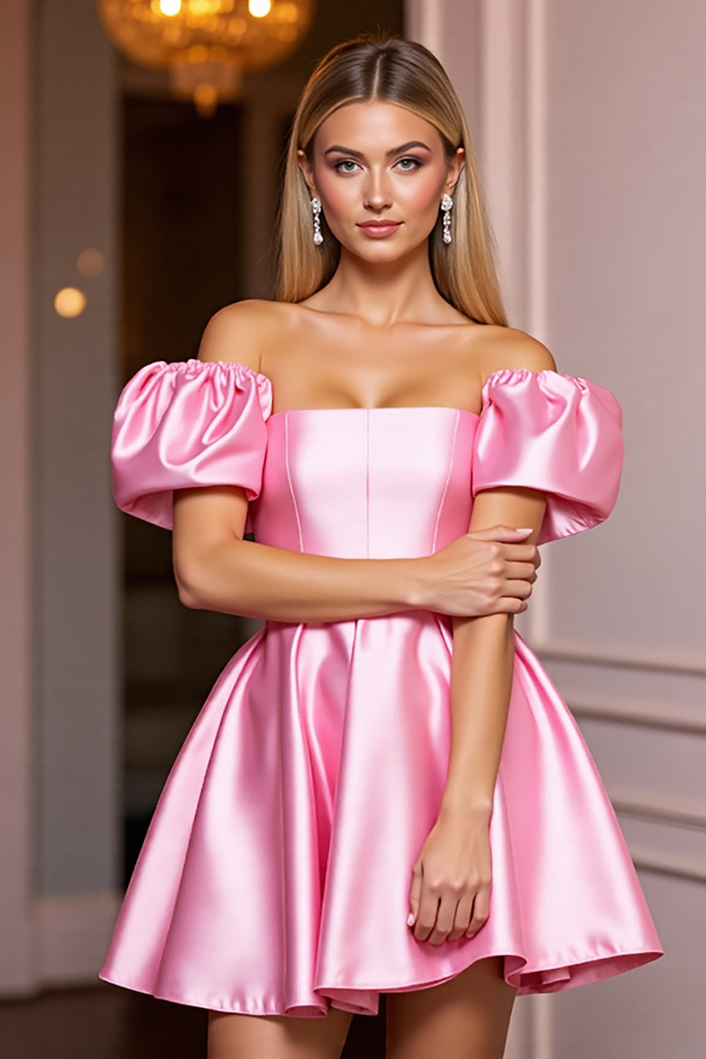 Off The Shoulder Pink Satin A Line Homecoming Dress