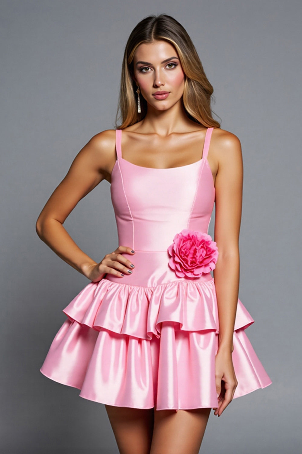 Pink Tiered Satin A Line Homecoming Dress With 3D Flowers