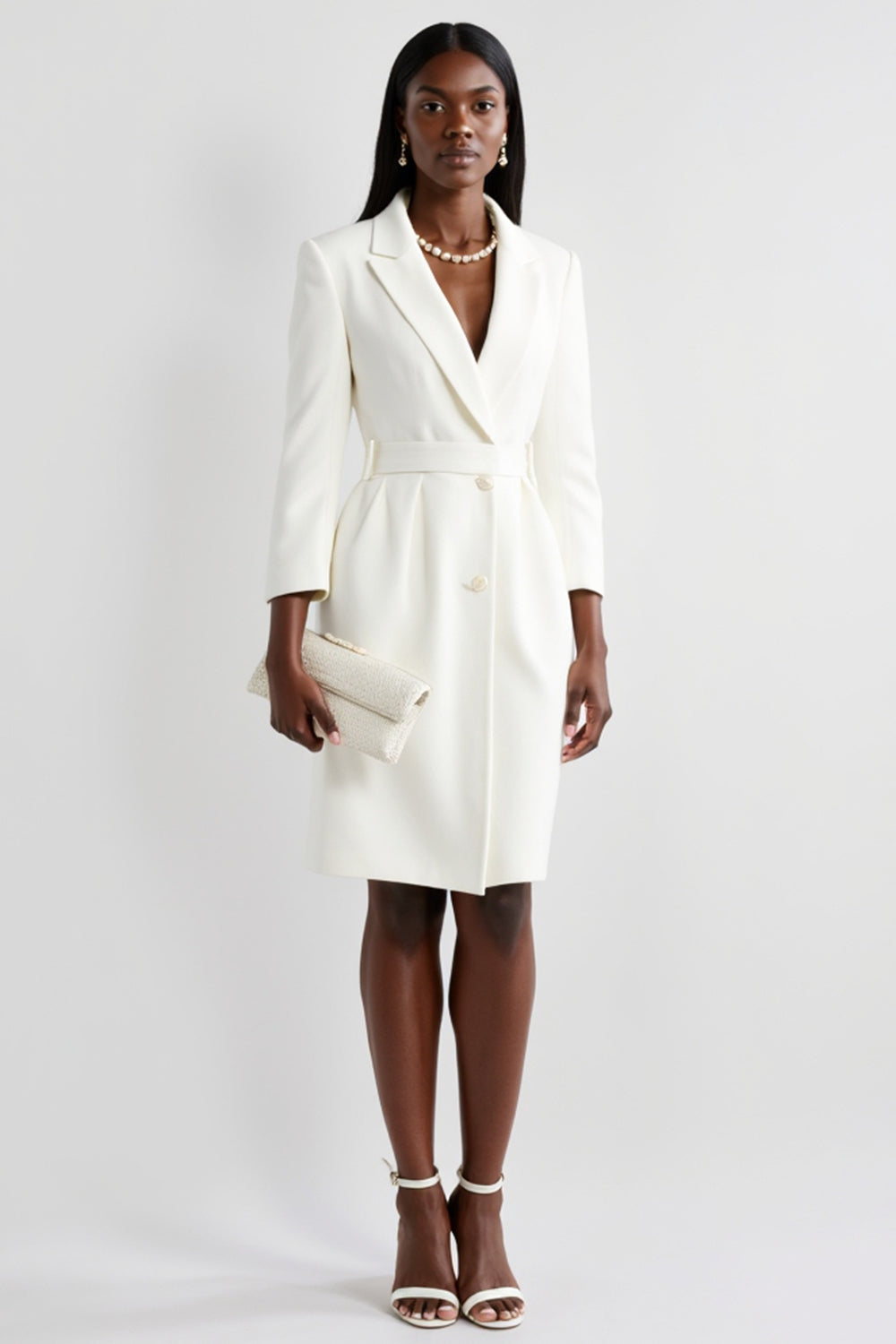 White Notched Lapel Sheath Work Dress with Long Sleeves