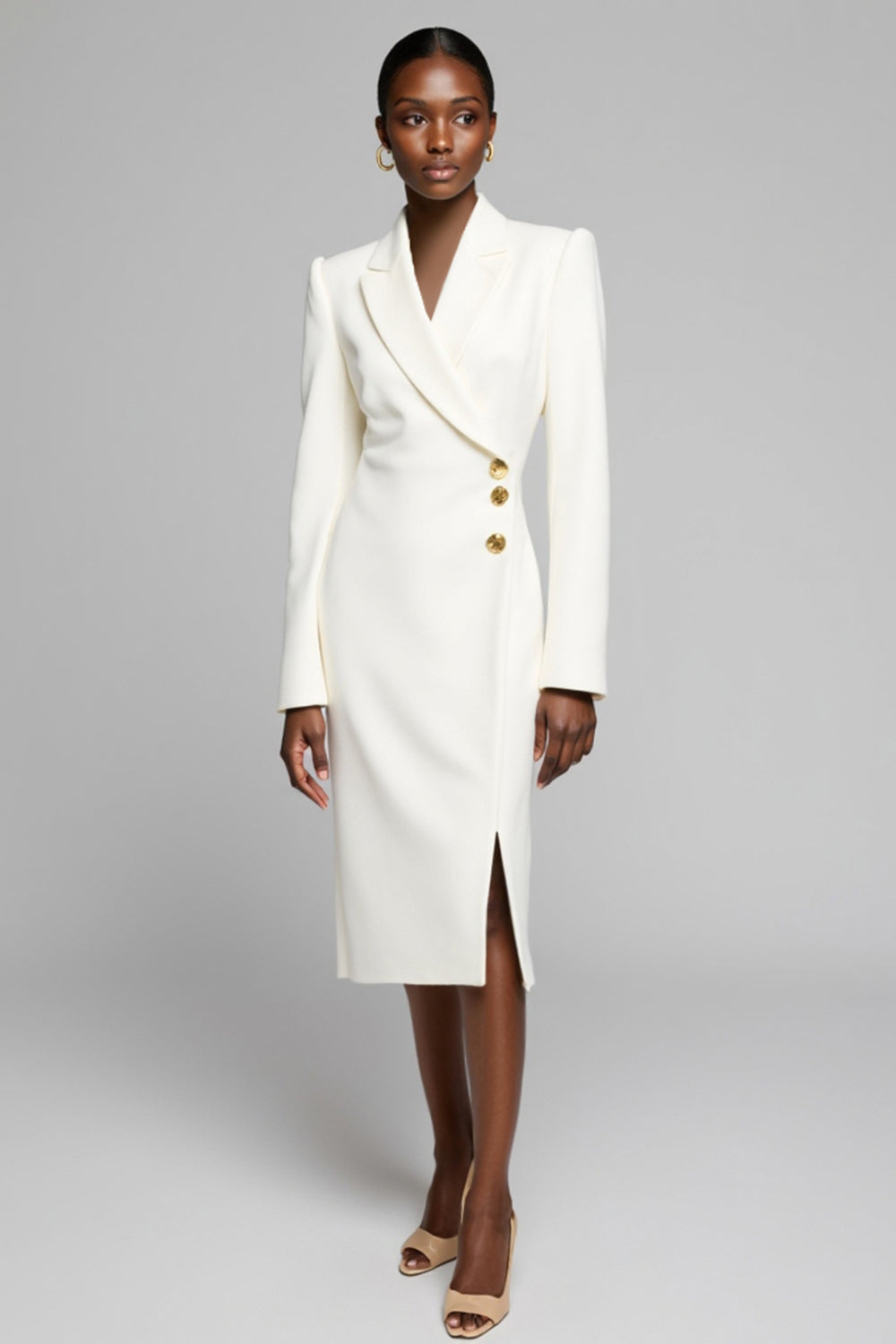 White Notched Lapel Sheath Work Dress with Long Sleeves