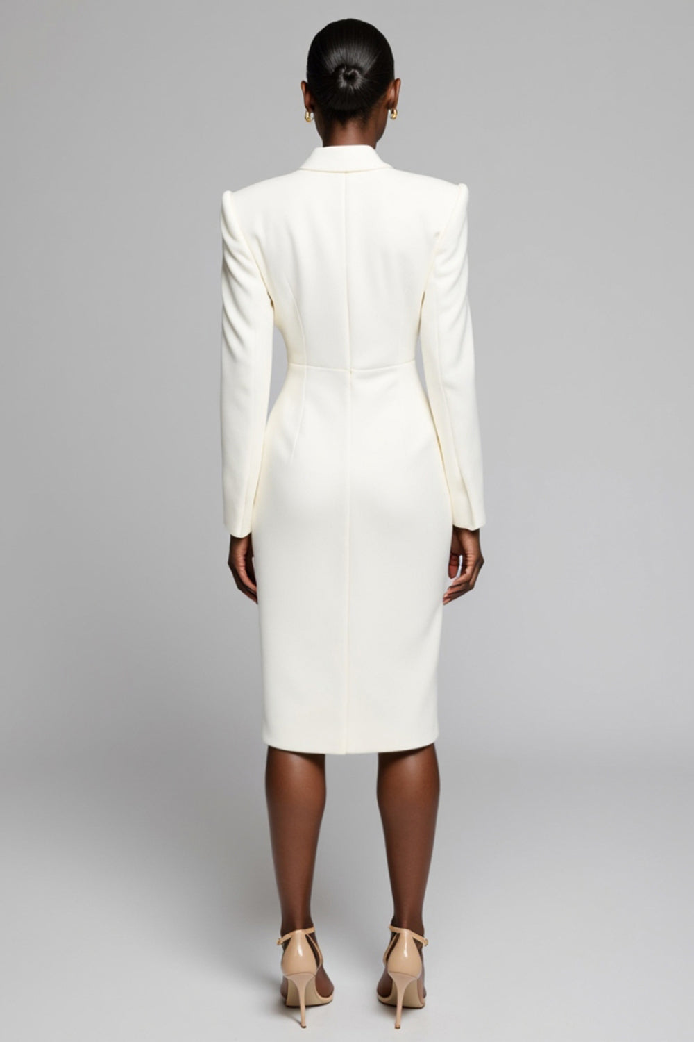 White Notched Lapel Sheath Work Dress with Long Sleeves