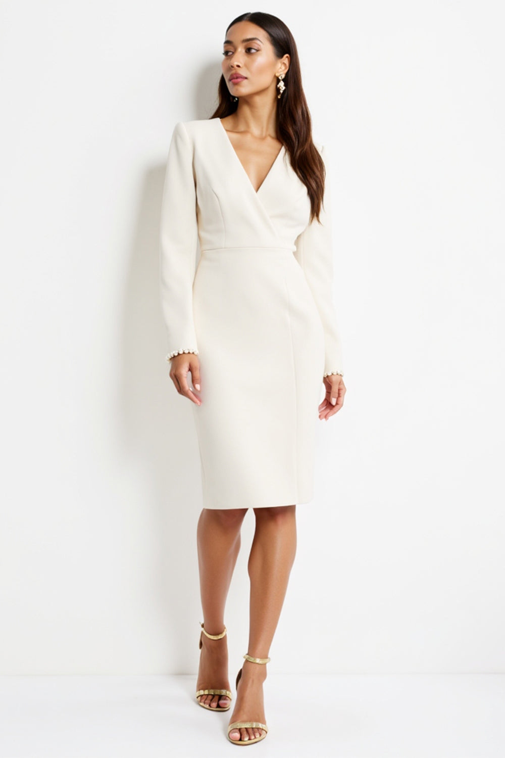 White Sheath V Neck Work Dress with Long Sleeves