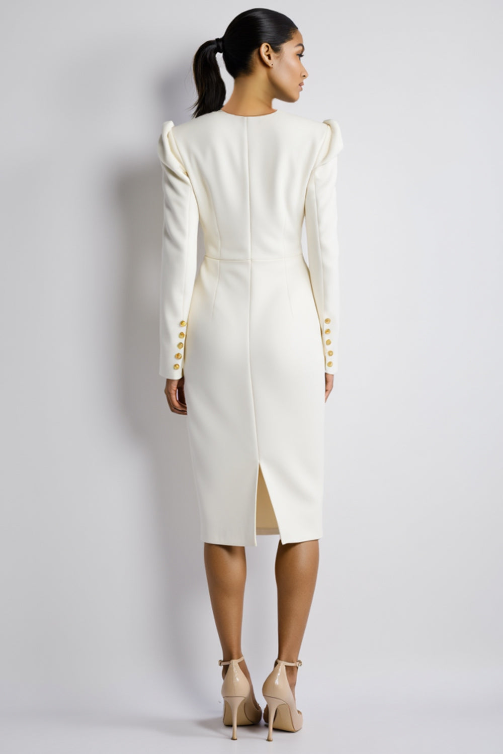Long Sleeve Bodycon Knee Length White Work Dress With Slit